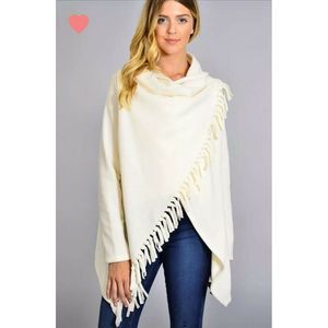 Cream Fringe Fleece Poncho sweater